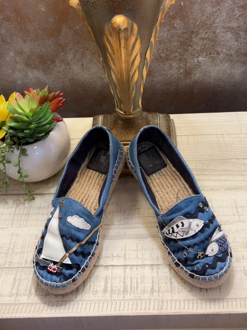 Nautical Tory Burch Denim Blue Espadrille Slip-Ons W/Natural Straw Trim ~ Size 8